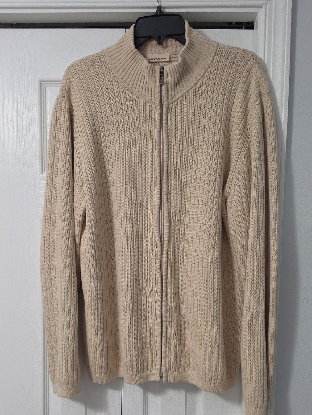 DKNY Men's Beige Full-Zip Ribbed Knit Sweater